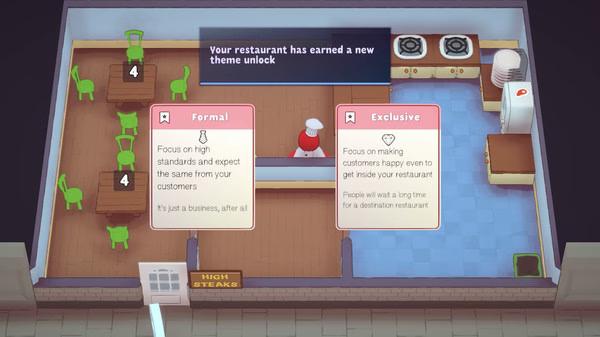 PlateUp! screenshot showing a restaurant layout, a chef behind the counter, and a notification about earning a new theme unlock.