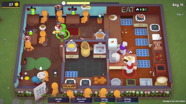 PlateUp! screenshot: Players manage a busy restaurant kitchen, preparing dishes as customers dine and wait.
