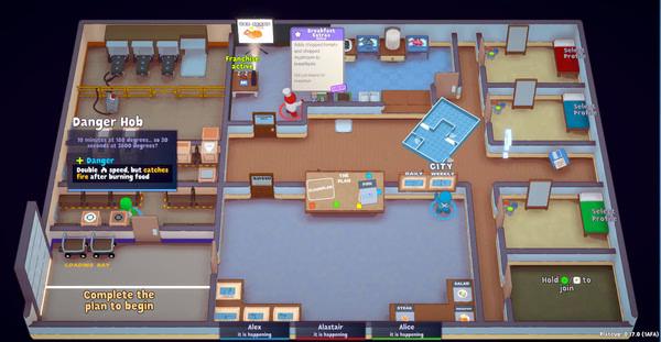 Screenshot of the game 'PlateUp!' showing a restaurant layout with counters, tables, and kitchen equipment.