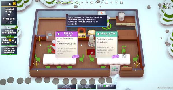 Screenshot from PlateUp! showing a restaurant interior with tables, chairs, and upgrade cards displayed on the screen.