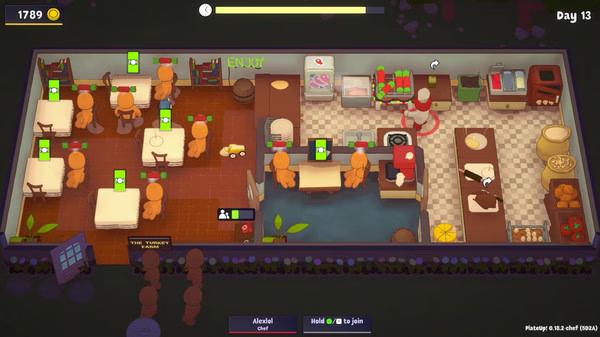 PlateUp! screenshot: A busy restaurant scene with customers dining and chefs preparing food in a kitchen.