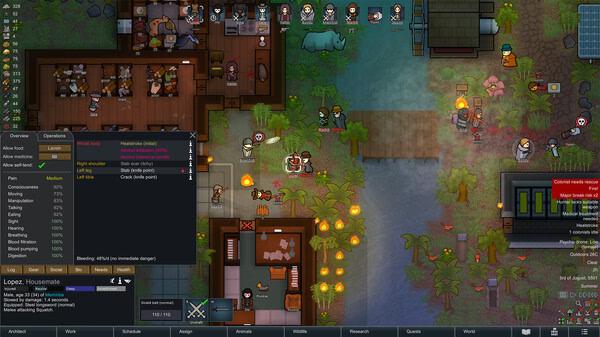 RimWorld screenshot: A colony by a river, with colonists tending crops, animals wandering, and a combat log visible on the screen.