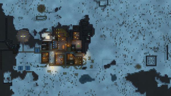 RimWorld screenshot: A snowy colony at night with illuminated buildings and scattered resources, surrounded by darkened terrain.