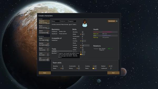 RimWorld screenshot: Character creation screen showing a female colonist with traits, skills, and health stats displayed.