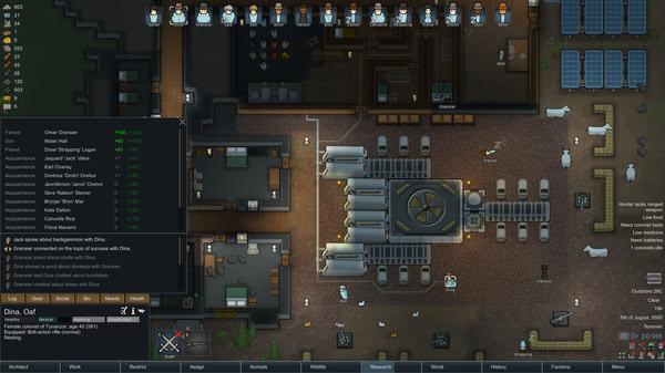 RimWorld screenshot: A base with solar panels, a central generator, and colonists' rooms. Animals and colonists are visible around the base.