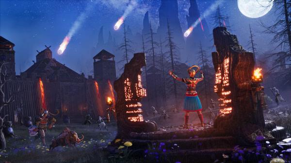 Screenshot from Conan Exiles Enhanced: A character in colorful armor stands on a stone platform amidst a dark, mystical landscape.
