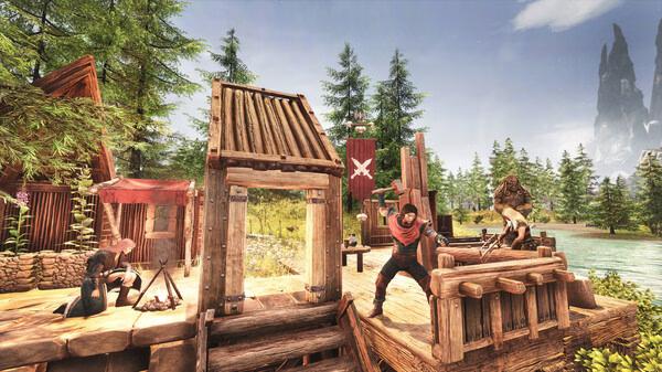 Screenshot from Conan Exiles Enhanced showing characters crafting and building wooden structures in a lush forest setting.