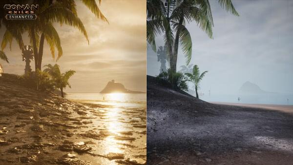 Screenshot from Conan Exiles Enhanced shows a tropical island scene, contrasting sunset and overcast weather on a sandy shore.
