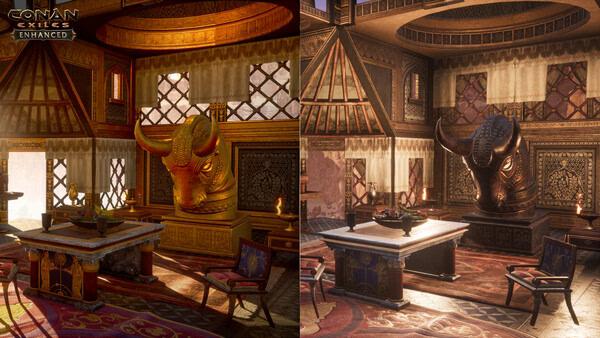 Screenshot from Conan Exiles Enhanced showing a richly decorated room with ornate furniture and a large bull statue.