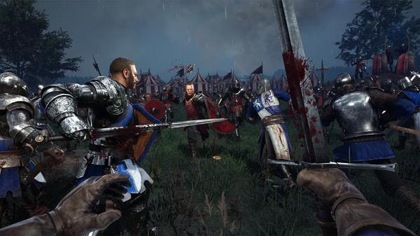Chivalry 2 screenshot: A chaotic medieval battle scene with armored knights clashing swords near tents on a grassy battlefield.