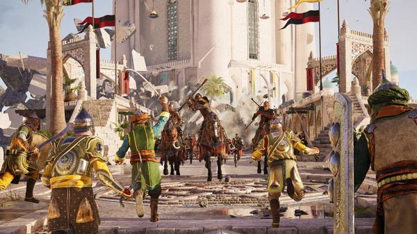 Chivalry 2 screenshot: A chaotic medieval battle unfolds near a grand castle as armored fighters clash with swords and axes.