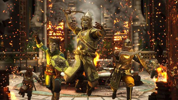 Chivalry 2 screenshot: Warriors in ornate armor engage in battle amidst flames and debris.