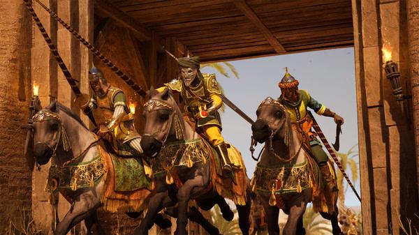 Chivalry 2 screenshot: Three knights on horseback charge through a wooden gate, wearing medieval armor and holding weapons.