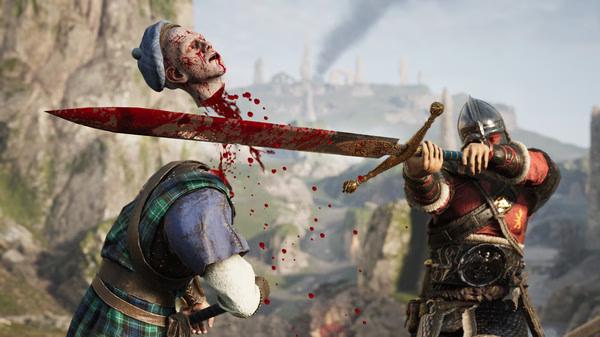 Chivalry 2 screenshot: A knight in armor slashes through an enemy's neck with a sword, blood splattering, in a medieval landscape.