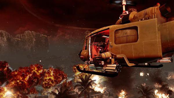 A screenshot from Call of Duty: Black Ops showing a helicopter flying above explosions and palm trees against a fiery backdrop.