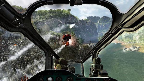 A Call of Duty: Black Ops screenshot showing a pilot's view from a helicopter, firing rockets at a distant target.