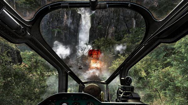 A "Call of Duty: Black Ops" screenshot showing a helicopter cockpit view with an explosion in a jungle setting.