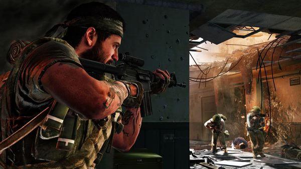 A Call of Duty: Black Ops screenshot showing a soldier aiming a rifle, with two others in a damaged building amidst debris.
