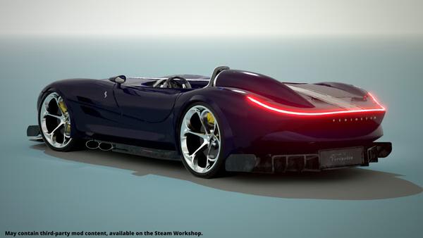 Screenshot from 'Automation - The Car Company Tycoon Game' showing a sleek, dark blue sports car with illuminated rear lights.