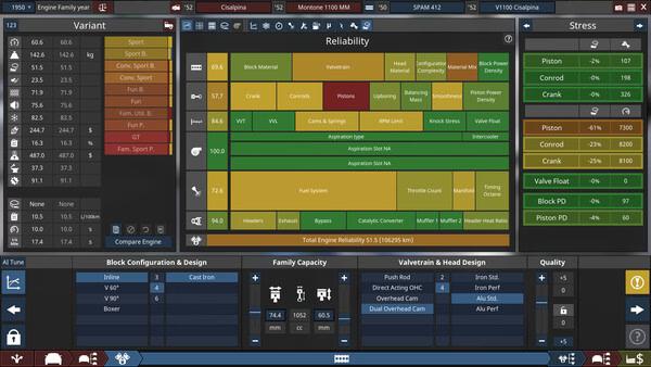 Screenshot of Automation - The Car Company Tycoon Game showing engine configuration stats, highlighting reliability and stress factors.