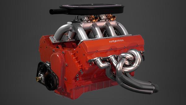 Screenshot from 'Automation - The Car Company Tycoon Game' showing a detailed view of a red engine with chrome headers.