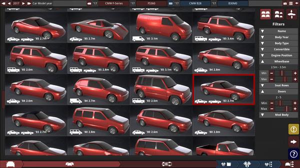 Screenshot of Automation - The Car Company Tycoon Game showing a grid of car models sorted by body type and dimensions.