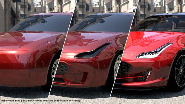 Screenshot from Automation - The Car Company Tycoon Game showing three red car front designs on a street.