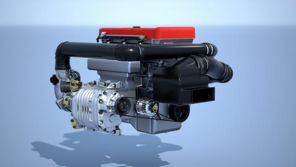 Screenshot from Automation - The Car Company Tycoon Game showing a detailed engine model with various components against a blue background.