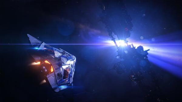 Spaceship approaching a space station with bright lights in an 'Elite Dangerous' screenshot.