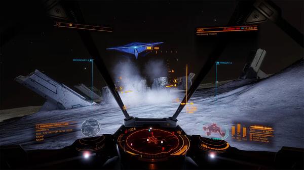 Elite Dangerous screenshot showing a spaceship cockpit view of a crashed vessel on a barren, rocky planet surface.