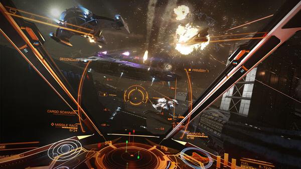 Elite Dangerous screenshot showing a spaceship cockpit with targeting systems and explosions in space.