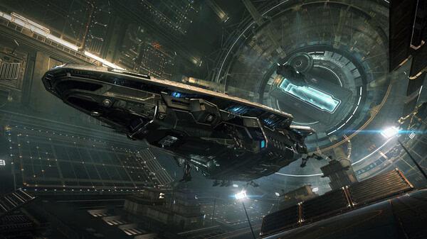 Spaceship docked in a futuristic space station in Elite Dangerous. Detailed interior and ship design are visible in this screenshot.