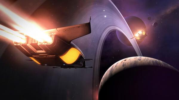 Spaceships soar near a ringed planet and moons in an 'Elite Dangerous' screenshot.
