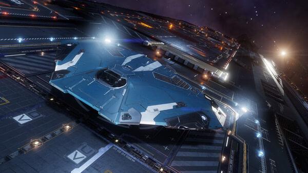 Screenshot from Elite Dangerous showing a sleek spaceship docked at a futuristic space station with bright lights and detailed textures.