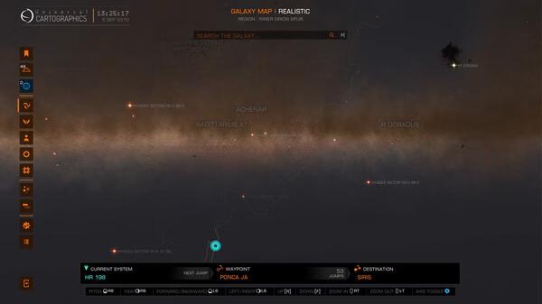 Screenshot from Elite Dangerous showing a galaxy map interface with stars and navigation options.