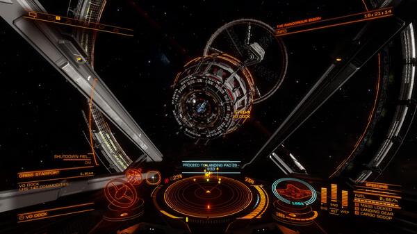 Screenshot from Elite Dangerous showing a spacecraft's cockpit HUD approaching a space station with detailed navigation info.