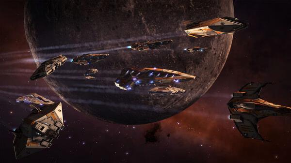 Spaceships fly near a rocky planet in this Elite Dangerous screenshot, showcasing a fleet in deep space.