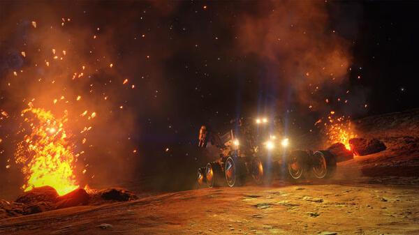 Elite Dangerous screenshot showing a rover navigating a rocky terrain with bright volcanic eruptions under a starry sky.