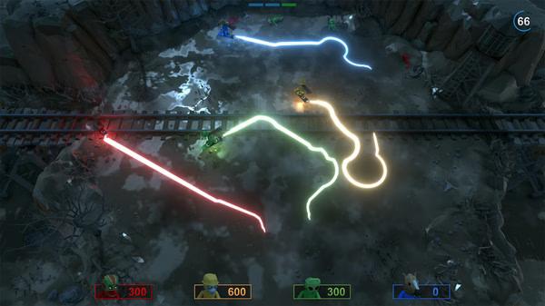 Pummel Party screenshot: Players compete in a light trail mini-game, navigating colorful paths on a dark, rocky terrain.