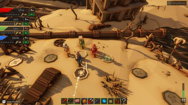 Screenshot from Pummel Party showing four characters in a snowy landscape, near a broken pipe and an old building.