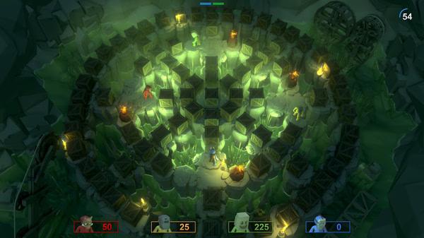 Pummel Party screenshot: Players navigate a glowing maze surrounded by crates, aiming to outmaneuver opponents in a competitive mini-game.