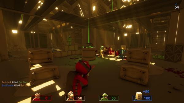 Screenshot from Pummel Party showing players battling in a dimly lit warehouse, with score indicators at the bottom.