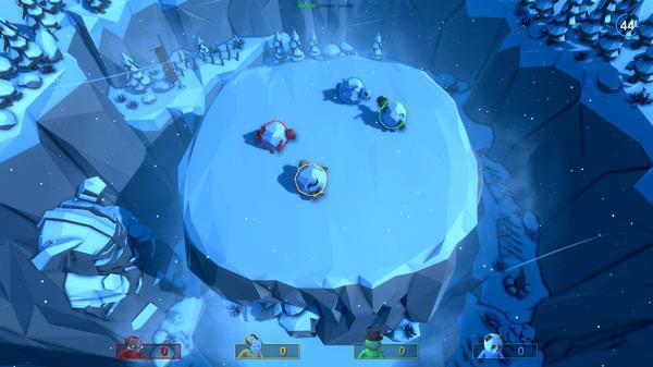 Pummel Party screenshot: Four colorful characters battle on a snowy platform, surrounded by icy cliffs and pine trees.