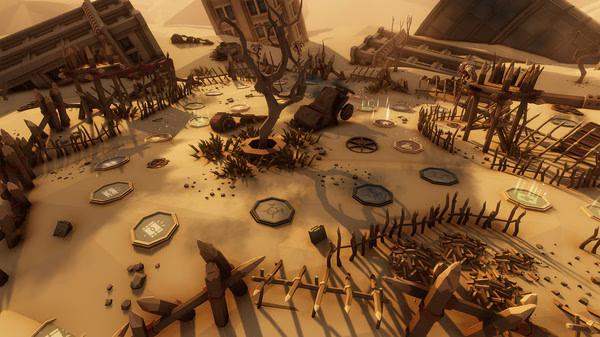 Pummel Party screenshot: A desert-themed board game map with scattered obstacles, glowing tiles, and ruined structures in the background.