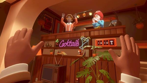 Escape Simulator screenshot: Two characters stand on a balcony above a bar with neon "Cocktails" sign and a TV in a warmly lit room.