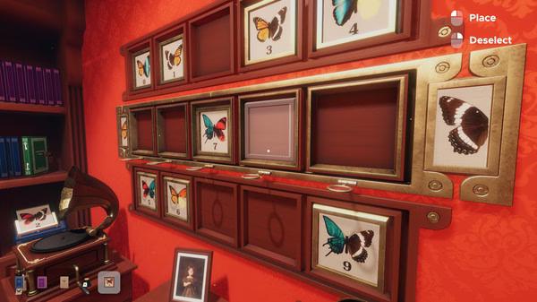 Escape Simulator screenshot: A wall display with numbered butterfly frames, a gramophone, and a stack of books in a red room.