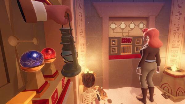 Escape Simulator screenshot: A player holds a lantern in an Egyptian-themed puzzle room while another character examines a wall of symbols.