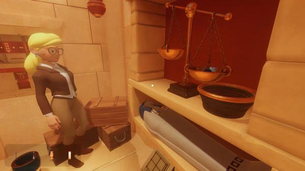 Escape Simulator screenshot: A character examines a shelf with a scale and various items in a room with sandstone walls.