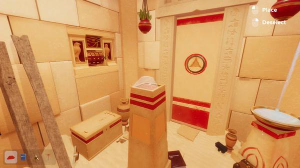 Escape Simulator screenshot showing an Egyptian-themed room with a pedestal, chest, and hieroglyph-covered door.