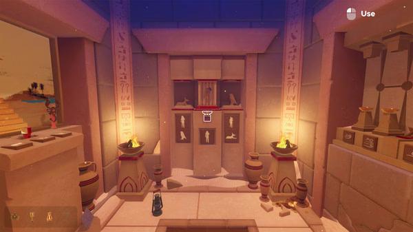 Screenshot from Escape Simulator showing an Egyptian-themed puzzle room with lit torches, hieroglyphs, and various artifacts.